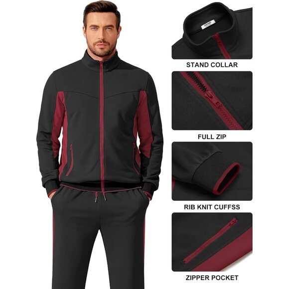 Men's Tracksuits 2 Piece Athletic Track Suit Jogging Running Sweatsuit Black Red - Picture 4 of 6